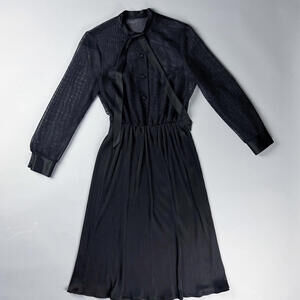 Vintage 70's Black Long Sleeve Midi Dress with Tie Neck, Sheer Blouse